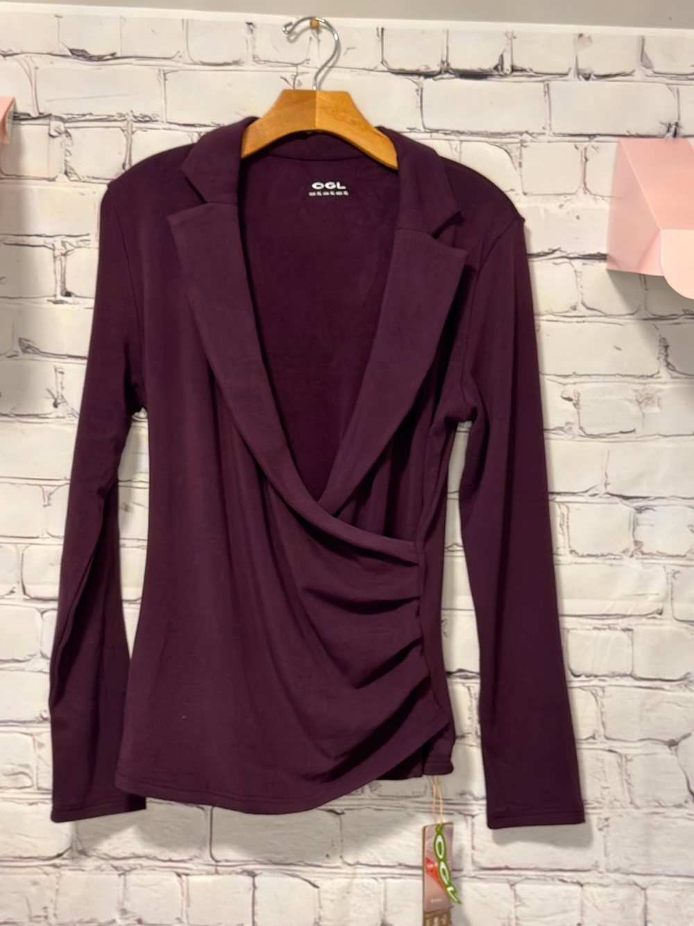 OGLmove Eco Mousse Collared Surplice Faux Wrap Ruched Waist Long Sleeve Dark Fig - Picture 10 of 11